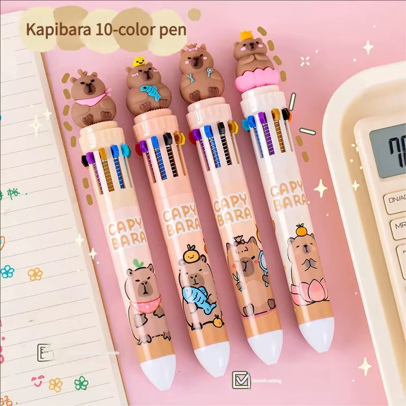 Kawaii Capybara Multicolor Pen 0.5Mm Colorful Ink Pen Cartoon Creative Gel Capybara Pen Ten-Color Brown Colorful 10-Color