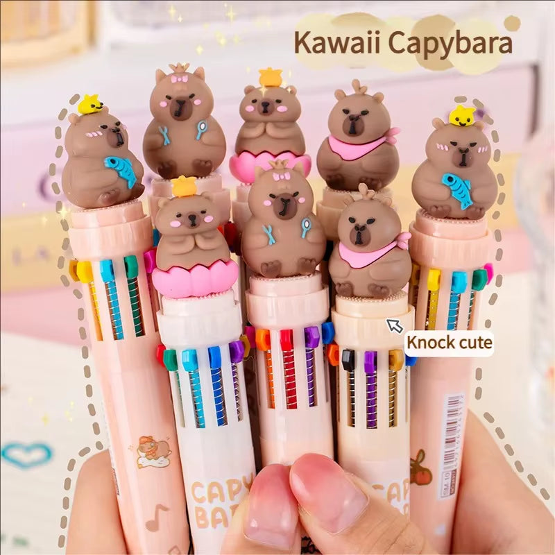 Kawaii Capybara Multicolor Pen 0.5Mm Colorful Ink Pen Cartoon Creative Gel Capybara Pen Ten-Color Brown Colorful 10-Color