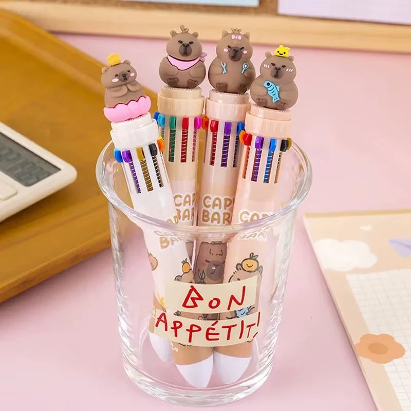 Kawaii Capybara Multicolor Pen 0.5Mm Colorful Ink Pen Cartoon Creative Gel Capybara Pen Ten-Color Brown Colorful 10-Color