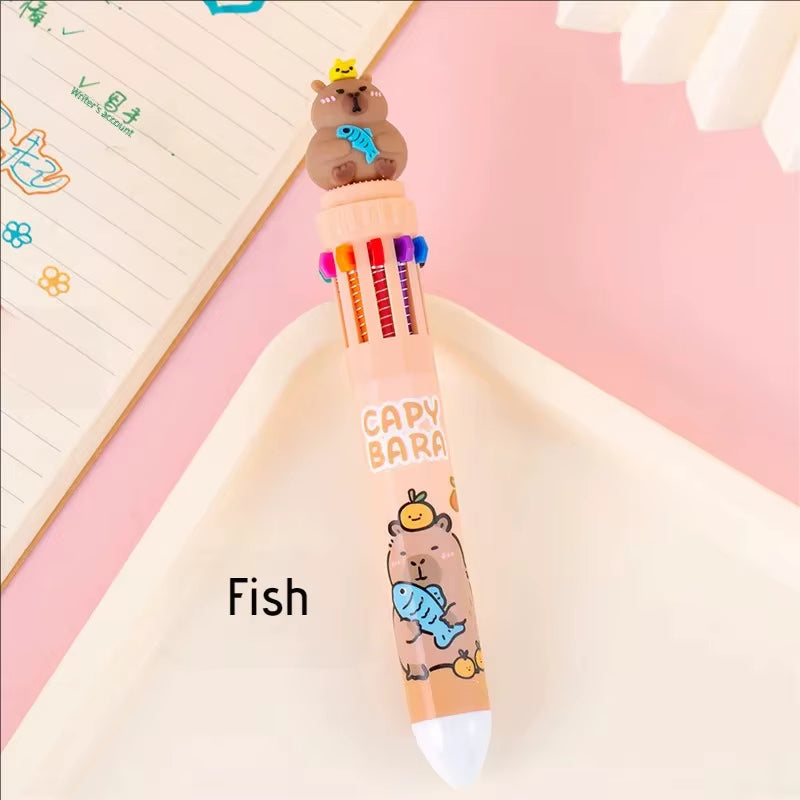Kawaii Capybara Multicolor Pen 0.5Mm Colorful Ink Pen Cartoon Creative Gel Capybara Pen Ten-Color Brown Colorful 10-Color