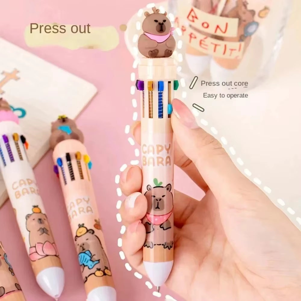 Kawaii Capybara Multicolor Pen 0.5Mm Colorful Ink Pen Cartoon Creative Gel Capybara Pen Ten-Color Brown Colorful 10-Color