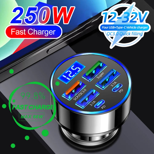 250W PD Car Charger QC3.0 Fast Charge Two to Six Port Car Cigarette Lighter Plug Car Charger Flash Charge with Digital Display