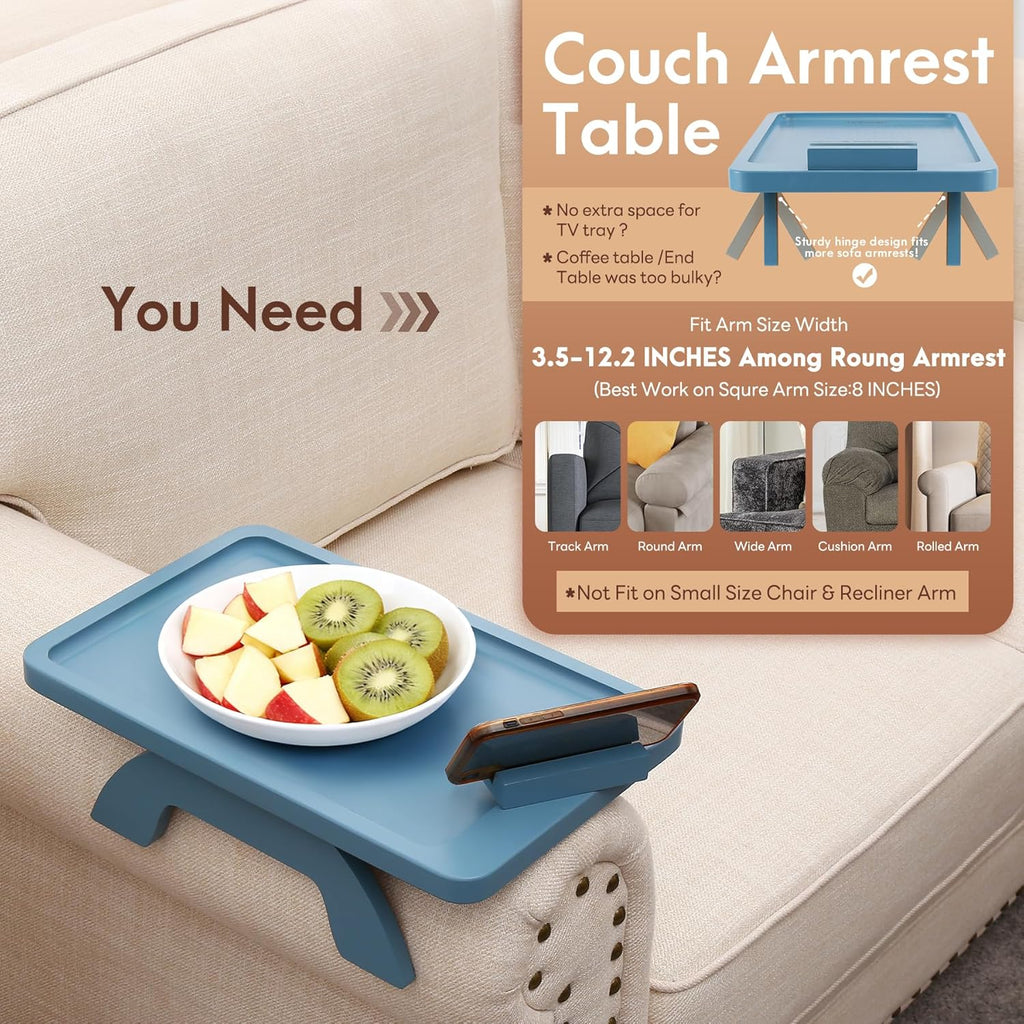 Couch Arm Table, Bamboo Sofa Clip on Tray Tables,Sofa Armrest Tray with 360° Phone Holder,Couch Armrest Table for Eating and Drinking
