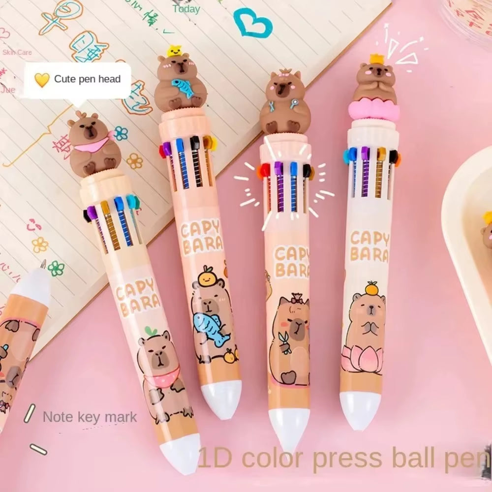 Kawaii Capybara Multicolor Pen 0.5Mm Colorful Ink Pen Cartoon Creative Gel Capybara Pen Ten-Color Brown Colorful 10-Color