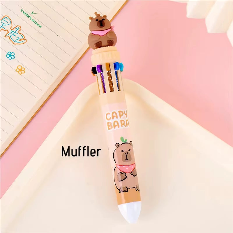 Kawaii Capybara Multicolor Pen 0.5Mm Colorful Ink Pen Cartoon Creative Gel Capybara Pen Ten-Color Brown Colorful 10-Color