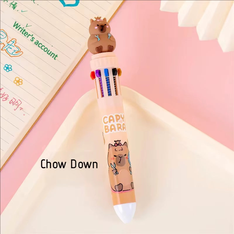 Kawaii Capybara Multicolor Pen 0.5Mm Colorful Ink Pen Cartoon Creative Gel Capybara Pen Ten-Color Brown Colorful 10-Color